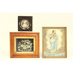 Two Framed Crewel Work Pictures & Mini Portrait