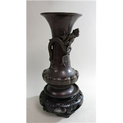 Japanese Bronze Figural Vase on Teak Wood Stand