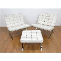 Pair "Barcelona" Chairs & 1 Stool in White Leather