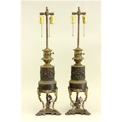 Pair of 19th C. French Bronze & Ormolu Oil Lamps