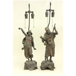 Pr. 19th C. Polychromed White Metal Figural Lamps