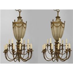 Pair George III Style Brass 18 Light Chandeliers