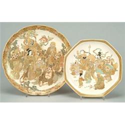 A Satsuma dish decorated with Immortals within a shaped rim, 25cm; and a similar octagonal shallo...