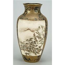 A Satsuma vase by Ryuzan, decorated with cranes beneath a full moon on rocks with crashing waves...