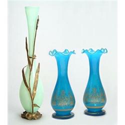 A selection of glass, comprising: a pair of French opaque-blue pear-shaped vases gilt with a styl...