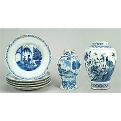 Various items of blue and white Delft, comprising; a baluster vase painted with a continuous Chin...