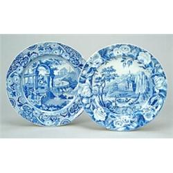 Two blue-printed dinner plates: a Russian Palace pattern plate, diameter 25.0cm, unmarked; and a...