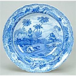 A Spode "Chase After a Wolf" soup plate from the Indian Sporting series, printed in blue with the...