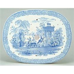 A J. & M.P. Bell & Co. "Triumphal Car" pattern oval drainer, printed in blue with the romantic cl...