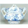 Image 1 : A blue-printed soup tureen and cover, of bulbous form with ornate leafy-branch moulded handles an...
