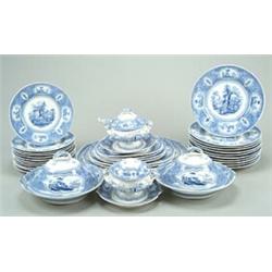 A "Florentine China" part dinner service, printed in blue with a series of romantic scenes, compr...