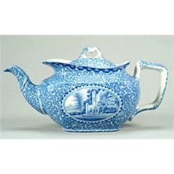 A Don Pottery Vermicelli pattern teapot, with scroll-moulded loop knop to the cover, printed in b...