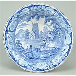 A Village Church pattern washbowl, printed in blue with the rural scene and floral border, the ma...