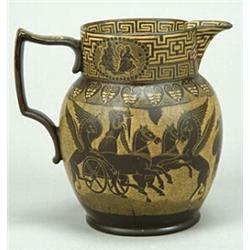 A yellow-printed brown earthenware jug, of tall Dutch shape with moulded angular handle, the exte...