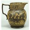 Image 1 : A yellow-printed brown earthenware jug, of tall Dutch shape with moulded angular handle, the exte...