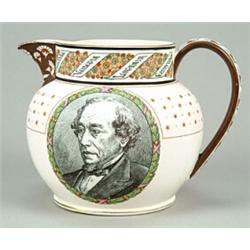 A Wedgwood jug commemorating the death of Benjamin Disraeli, of Dutch shape printed in black and...