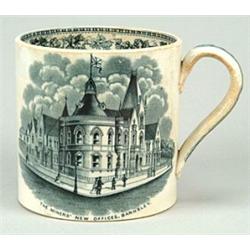 A large black-printed mug depicting "The Miners' New Offices, Barnsley", with different size vers...