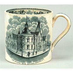 A large black-printed mug depicting "The Miners' New Offices, Barnsley", with different size vers...