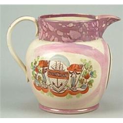 A Sunderland lustre jug printed with the "Mariner's Arms", a figure of Hope and a verse, of Dutch...