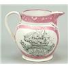 Image 1 : A Sunderland lustre jug printed with a sailing ship and a verse, of Dutch shape with simple strap...