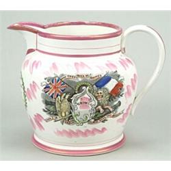 A Crimean War Sunderland lustre jug, of Dutch shape with simple strap handle, printed in black an...