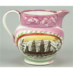 A pink lustre jug printed with the sailing ship "Columbus" and a verse, possibly from Newcastle r...