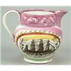 Image 1 : A pink lustre jug printed with the sailing ship "Columbus" and a verse, possibly from Newcastle r...