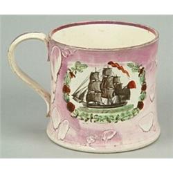 A Sunderland lustre mug printed with a sailing ship and a verse, of cylindrical shape slightly fl...