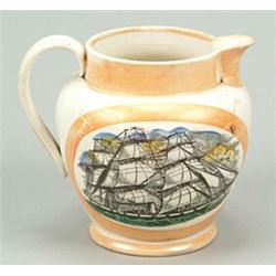 A Sunderland orange lustre jug printed with a sailing ship and a verse, of Dutch shape with simpl...