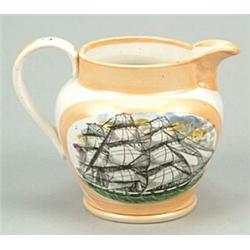 A Sunderland orange lustre jug printed with a sailing ship and "The Sailor's Farewell", of Dutch...