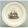 Image 1 : A black-printed creamware ship plate, decorated with a view of a three-masted sailing ship within...