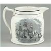Image 1 : A black-printed earthenware jug, of squat shape with moulded handle, decorated with an untitled v...