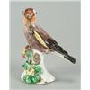 Image 1 : A Derby model of a goldfinch, perched on a flower-encrusted base, painted with coloured enamels,...