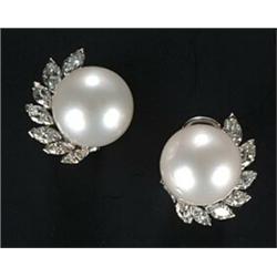 A pair of South Sea pearl and marquise diamond earrings, the beads approx. 14.2mm with a marquise...