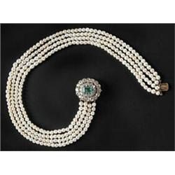 A Victorian emerald, diamond and pearl necklace, the front designed as an oval cluster centred wi...