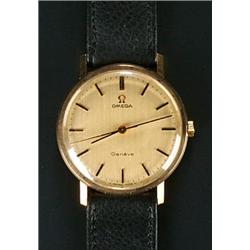 Omega, a gentleman's 9ct gold wristwatch, circa 1973, brushed gold dial with raised baton numeral...