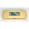 Image 1 : A modern 9ct gold small cigarette case with an applied blue and green enamelled panel depicting d...
