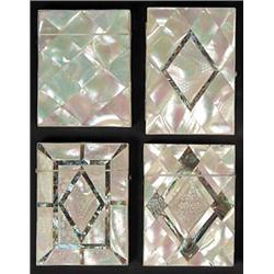 Three mother of pearl card cases and two purses, each decorated with diamond shaped panels, one c...