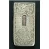 Image 1 : A silver small oblong card case with a flat hinged end-cover and a serrated thumb-piece, engraved...
