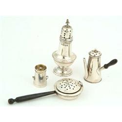 A collection of small silver, comprising; a Victorian small churn shaped pepper pot, Chester 1892...