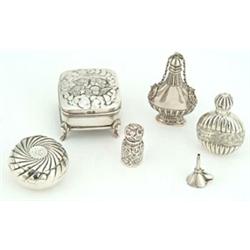 A collection of small silver and other items, comprising; a small Victorian floral embossed scent...