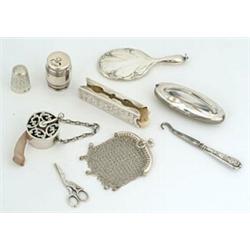 A collection of small and miniature silver some relating to sewing, comprising; a pierced and flo...