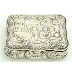 A Continental table snuff box, of shaped rectangular bombe form and embossed with panels of figur...