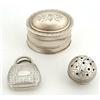 Image 1 : Two George III vinaigrettes and a nutmeg grater, comprising; an engraved bag shaped vinaigrette w...