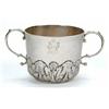 Image 1 : A William and Mary round porringer embossed with a band of leaves, inscribed 'O' over 'RI' over '...