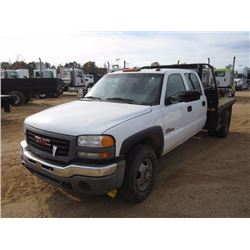 2006 GMC 3500 CREW CAB FLATBED TRUCK, S/N 1GDJK33206F138037, DURAMAX DIESEL ENG, A/T, 8' 6" STEEL BE