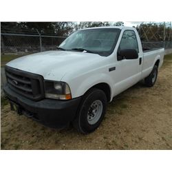 2004 FORD F250 PICKUP, S/N 3FTNF20L94MA01449, V8 GAS ENGINE, A/T, LONG BED, ODOMETER READING 271,401