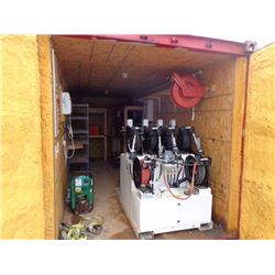 20' STEEL SHIPPING CONTAINER W/OIL SERVICE TANK, HOSES, SINK, INGERSOLL RAND UP RIGHT ELECT AIR COMP