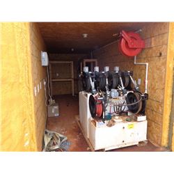 20' STEEL SHIPPING CONTAINER W/OIL SERVICE TANK, HOSES, SINK, INGERSOLL RAND UP RIGHT ELECT AIR COMP