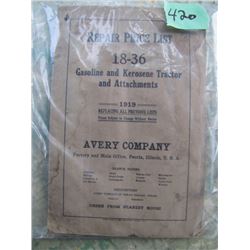 Repair Price List 18-36 Gasoline & Keroscene & Atttachments Avery Company 1919